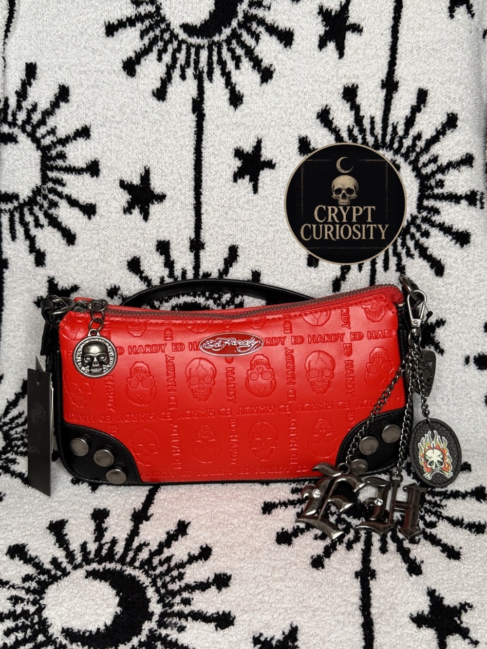 NWT Ed Hardy Black & Red Embossed Skull Shoulder Bag with Chunky Charms